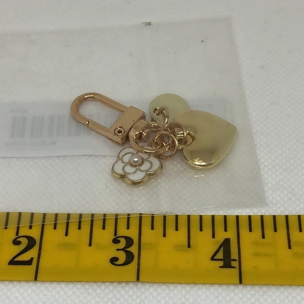 Bag Charm Gold Tone with White Flower, Heart, Love